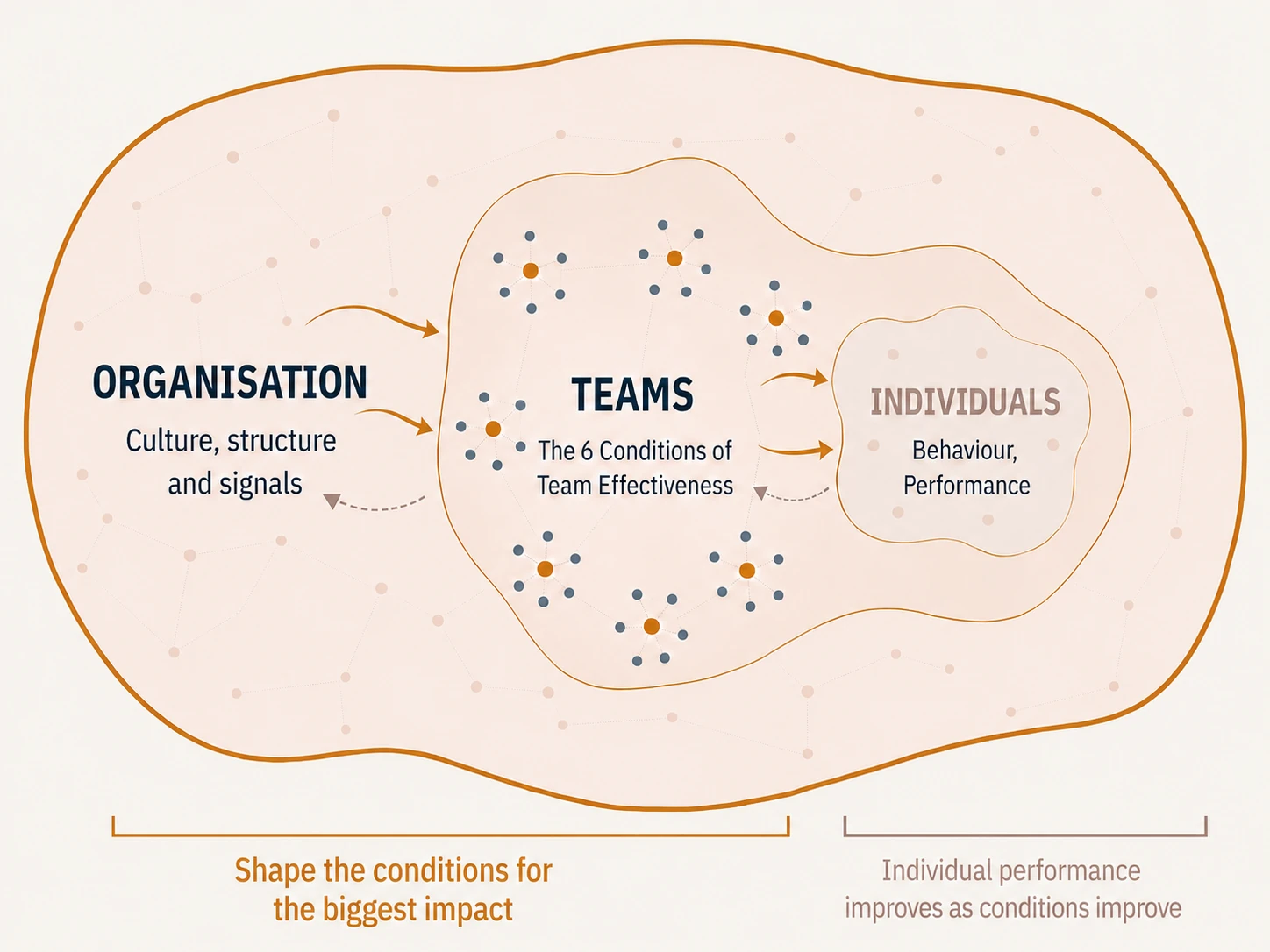 A nested model: the organisation (culture, structure and signals) holds teams (the six conditions of team effectiveness), which hold individuals (behaviour and performance). Shaping the conditions at the organisation and team layers has the biggest impact, and the individual improves as the conditions improve.