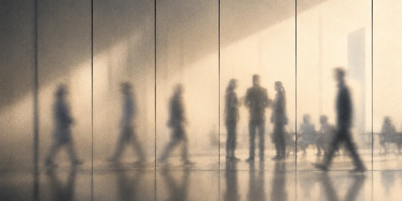 Silhouettes of people in conversation through frosted glass